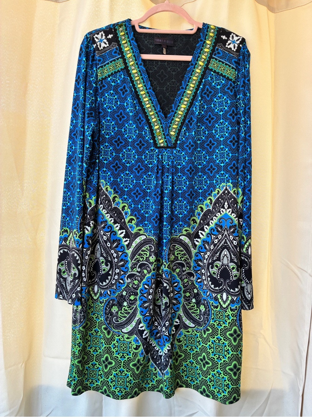 Hale Bob Large V Neck Long Sleeve Shift Dress